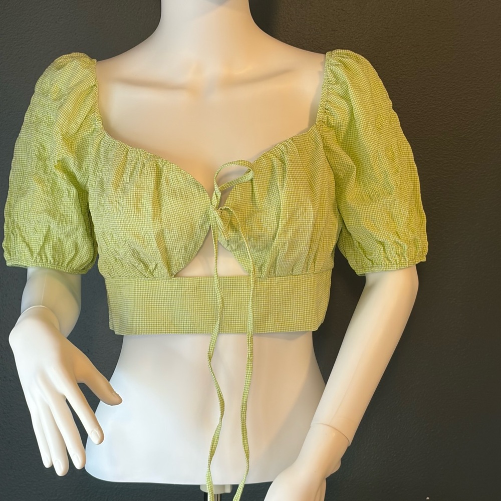 Smocked  Bohemian Crop Top by Beivy Green Puff Sleeve